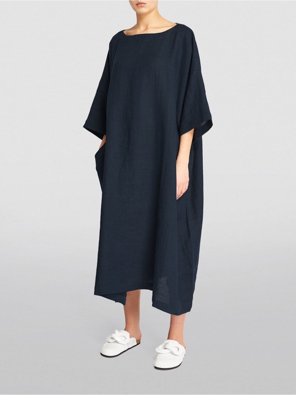 ESKANDAR linen sloped shoulder wide a- line short sleeve Navy blue dress size 0